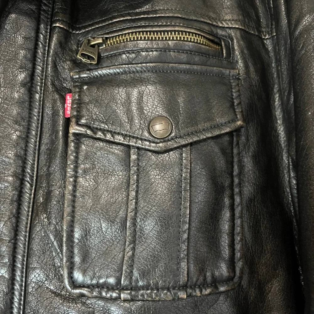 Levi's Bomber Jacket Mens Brown Faux Leather Sherpa Lined Good Condition Utility